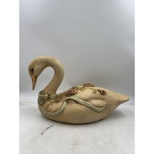 Swan Figurine Resin Crackle Finish Floral Bow Shabby Chic Cottagecore Decor